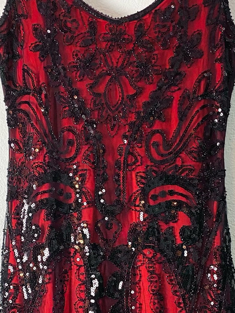 Fundaisy 1920s Red Black Sequin Fringe Flapper Dress Large Gatsby Cocktail Party - Picture 5 of 12